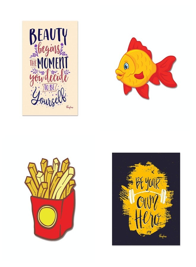 Bhai Please Fries, Be Your Own Hero, Fish, Beauty Begins Wooden Fridge Magnet | Quotes, Comic, Food & Drinks, Fun Decorations and Gifts (Pack of 4) (one Piece Each Design) - Image 1